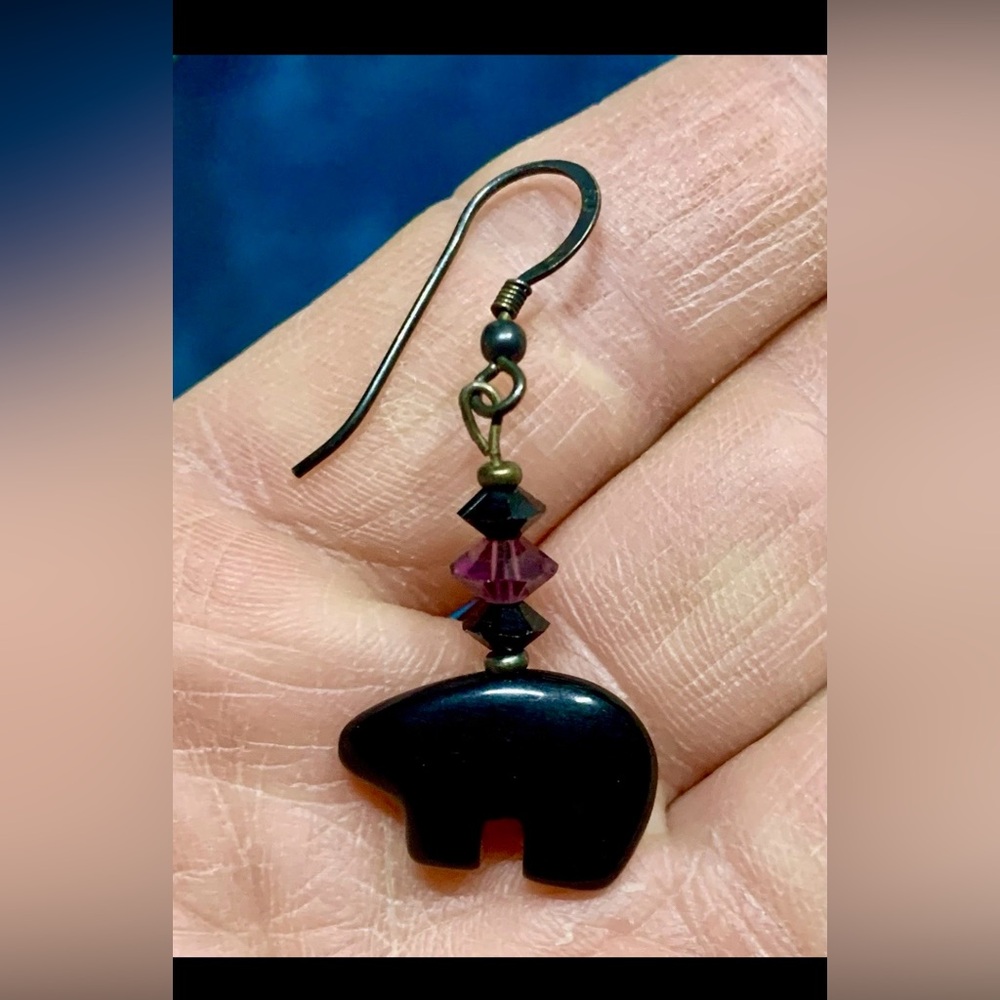 Artisan Carved Bear Fetish Drop Earrings - Picture 3 of 4